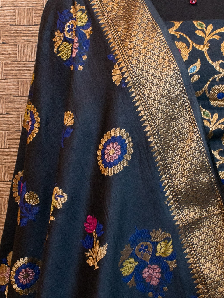 Banarasi Meenakari Semi Silk Salwar Kameez Fabric With Dupatta-Black