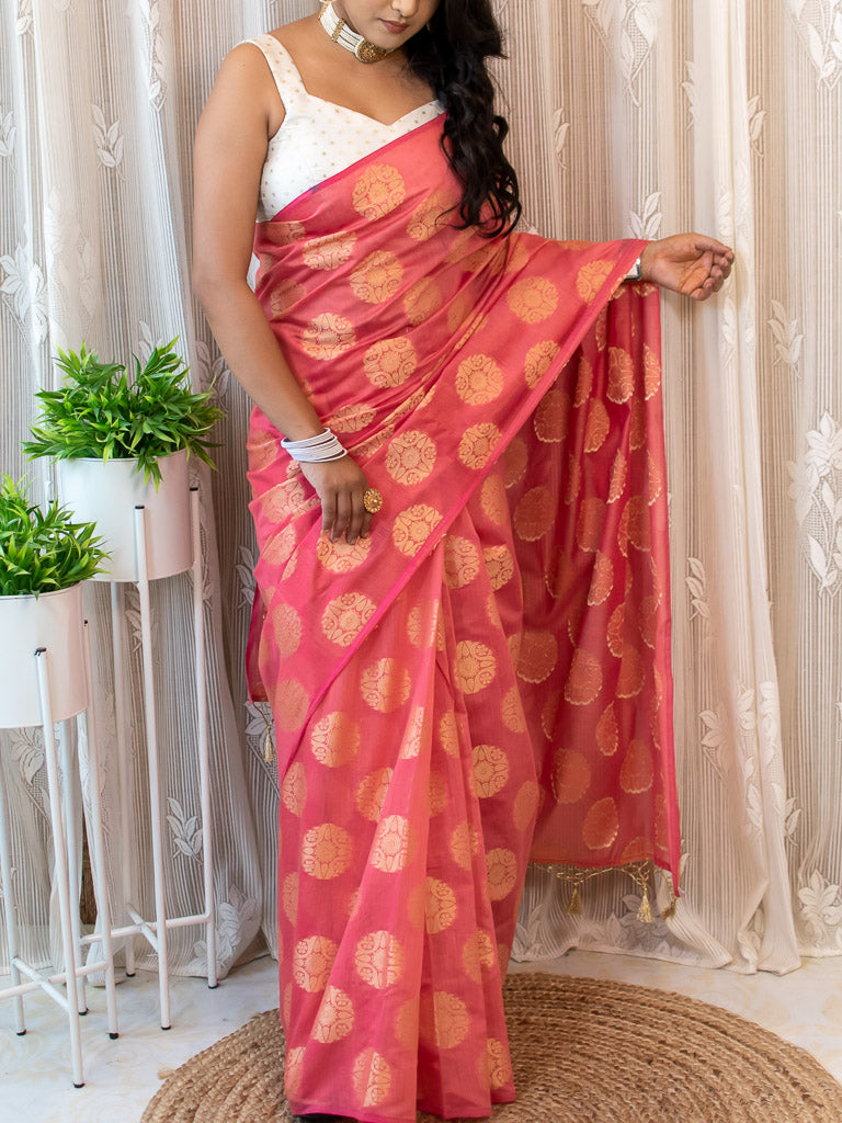 Banarasi Cotton  Silk Saree With Round Buta Weaving-Peach
