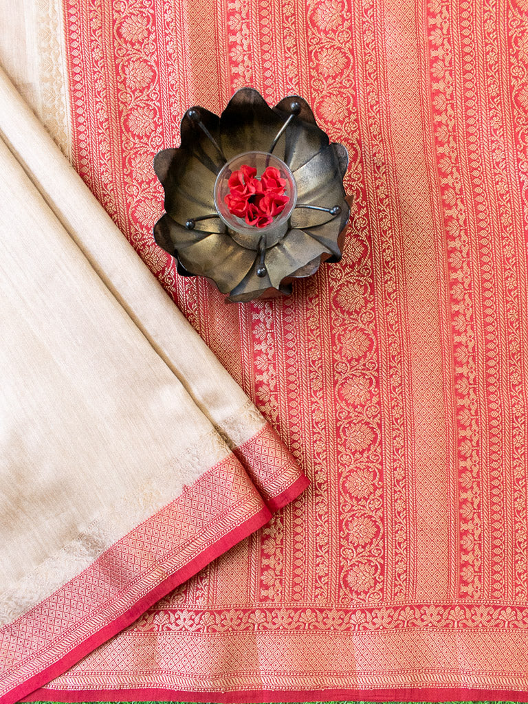 Banarasi Handwoven Pure Muga Silk Saree With Antique Resham Border-Beige & Red