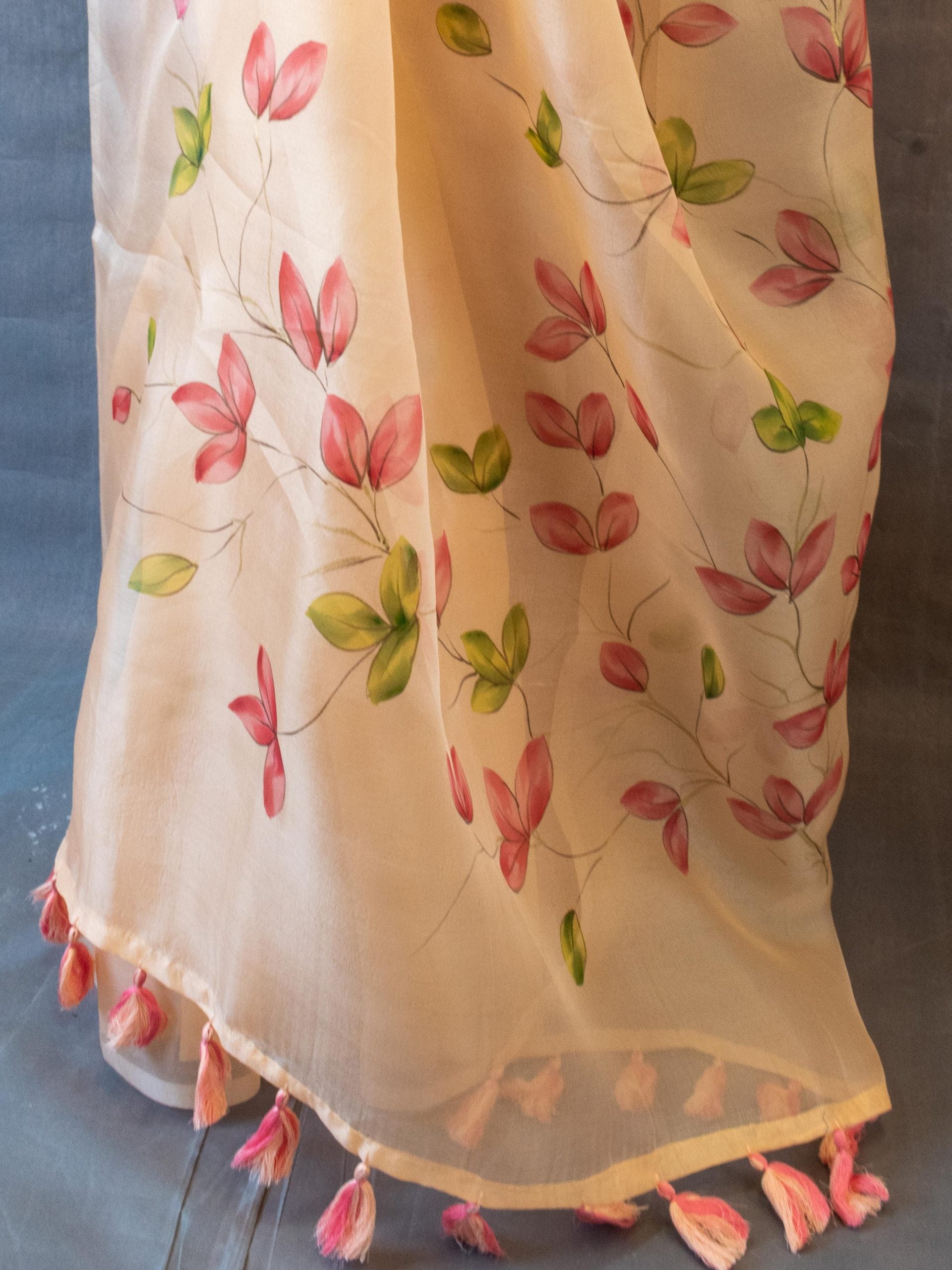 Handpainted Floral Pure Organza Saree-Peach