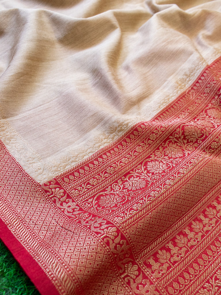 Banarasi Handwoven Pure Muga Silk Saree With Antique Resham Border-Beige & Red