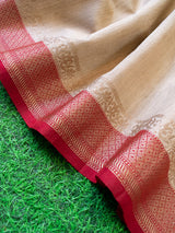 Banarasi Handwoven Pure Muga Silk Saree With Antique Resham Border-Beige & Red