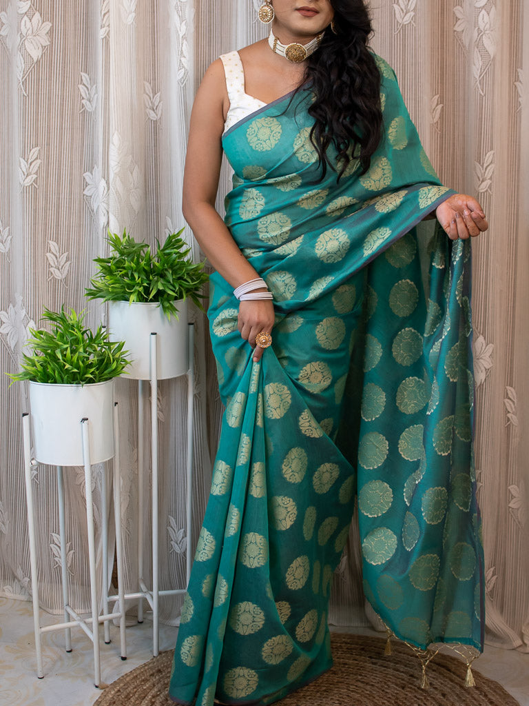 Banarasi Cotton  Silk Saree With Round Buta Weaving-Rama Green