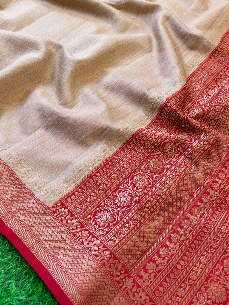 Banarasi Handwoven Pure Muga Silk Saree With Antique Resham Border-Beige & Red