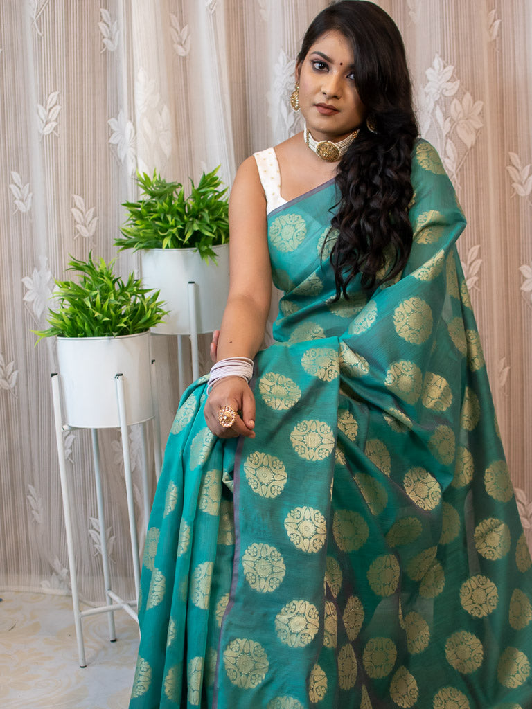 Banarasi Cotton  Silk Saree With Round Buta Weaving-Rama Green