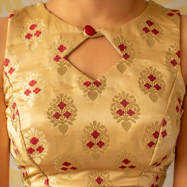 Banarasi Meenakari Brocade Stitched Sleeveless Blouse-Beige