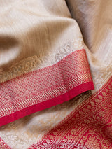 Banarasi Handwoven Pure Muga Silk Saree With Antique Resham Border-Beige & Red