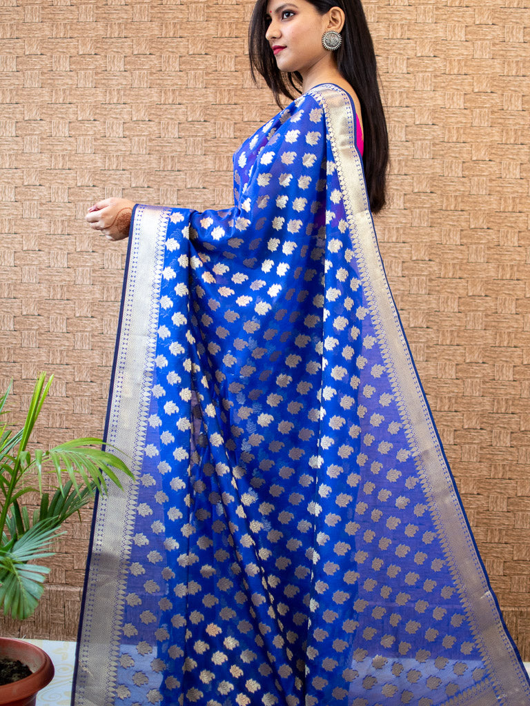 Banarasi Semi Silk Saree With Zari Buti Weaving-Royal Blue