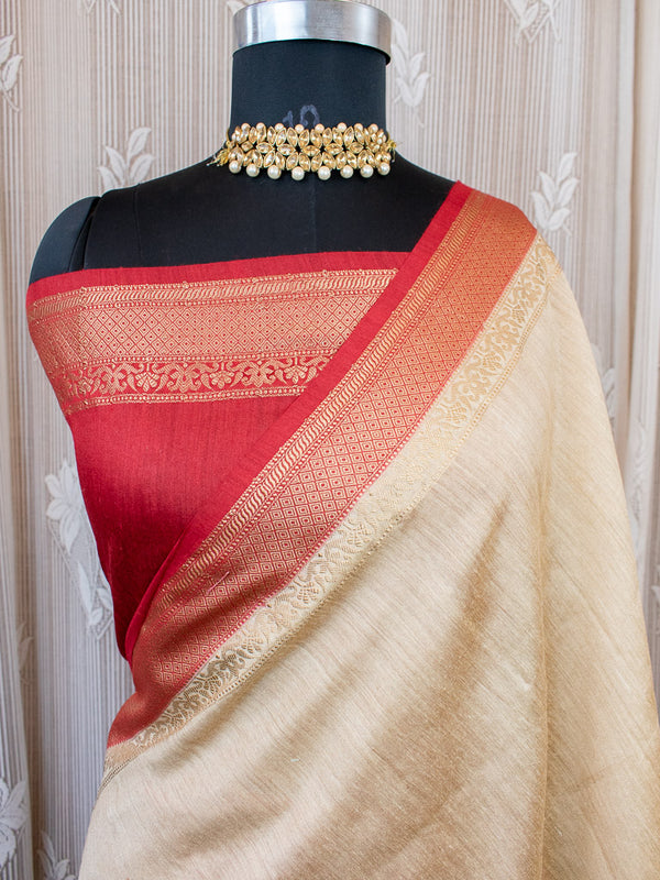 Banarasi Handwoven Pure Muga Silk Saree With Antique Resham Border-Beige & Red
