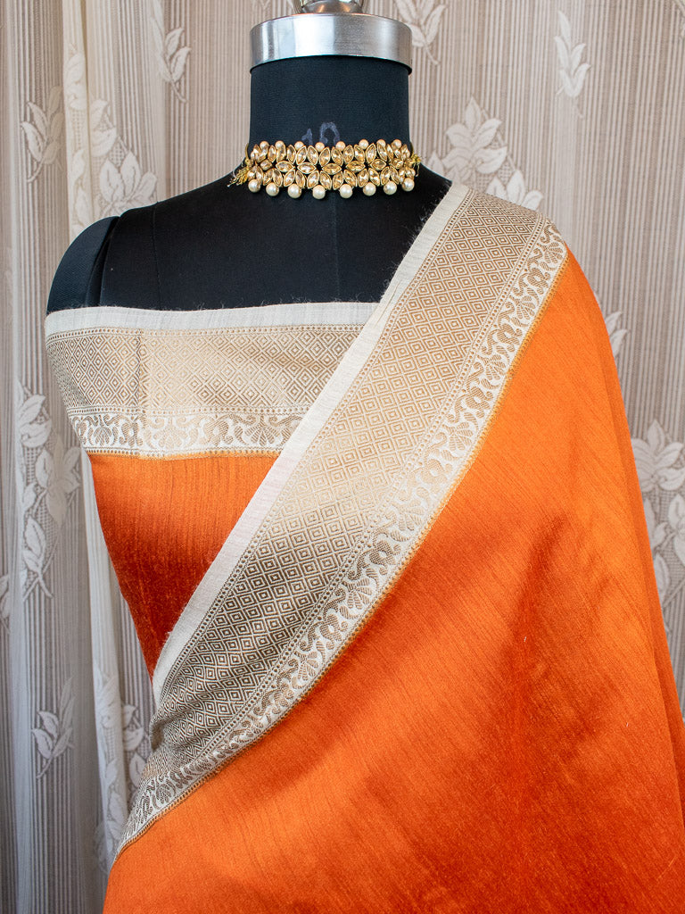 Banarasi Handwoven Pure Muga Silk Saree With Antique Resham Border-Orange