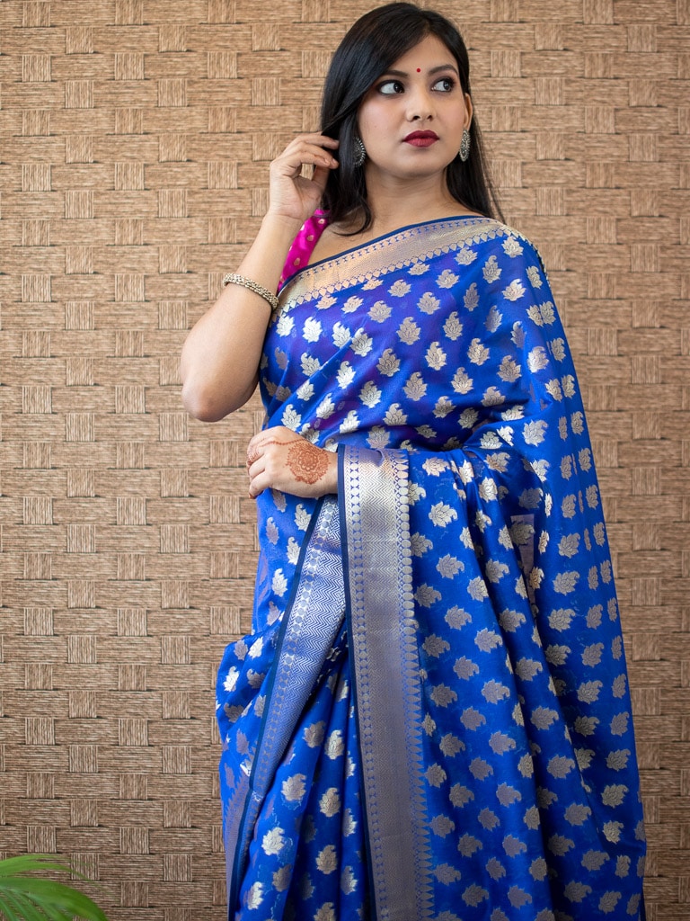 Banarasi Semi Silk Saree With Zari Buti Weaving-Royal Blue