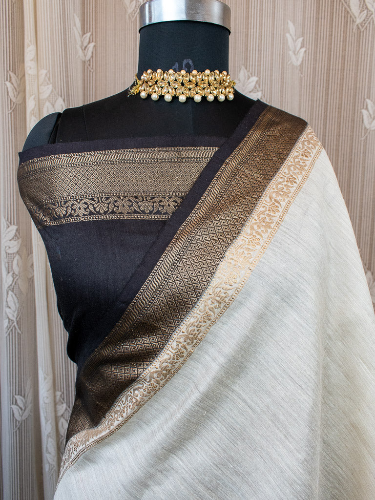 Banarasi Handwoven Pure Muga Silk Saree With Antique Resham Border-Beige