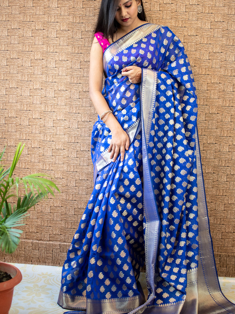 Banarasi Semi Silk Saree With Zari Buti Weaving-Royal Blue