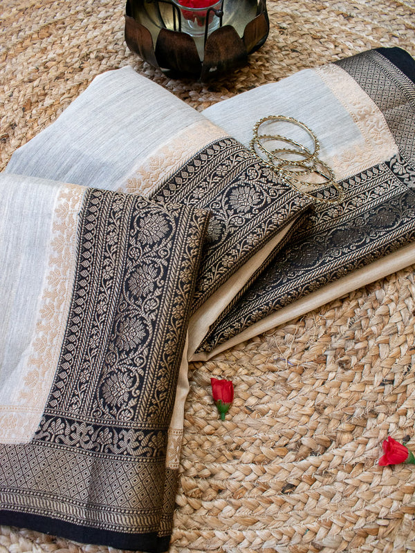 Banarasi Handwoven Pure Muga Silk Saree With Antique Resham Border-Beige