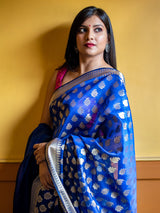 Banarasi Semi Silk Saree With Zari Buti Weaving-Royal Blue