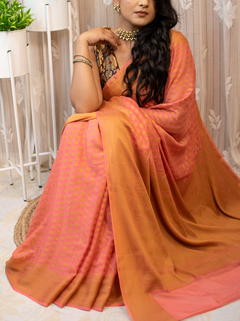 Banarasi Pure Georgette Saree With Antique Zari Buti Weaving-Pink