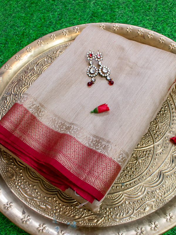 Banarasi Handwoven Pure Muga Silk Saree With Antique Resham Border-Beige & Red