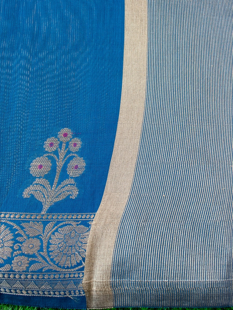 Banarasi Cotton Silk Saree With Zari & Meena Weaving Border-Blue