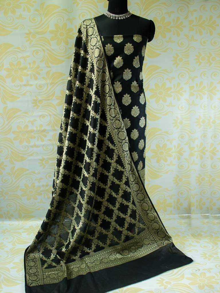 Banarasi Salwar Kameez Cotton Silk Floral Zari  Weaving Fabric-Black