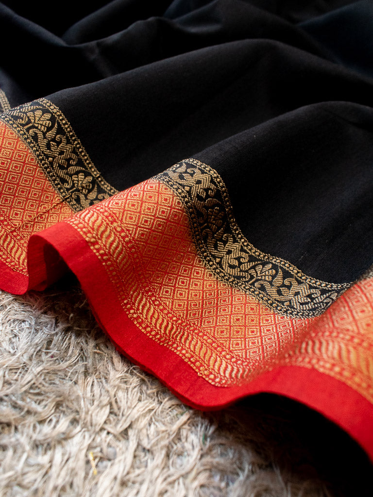 Banarasi Handwoven Pure Muga Silk Saree With Antique Resham Border-Black & Red
