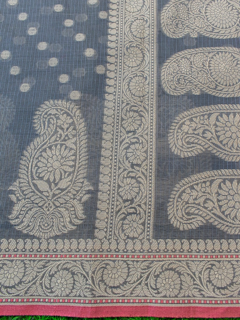 Banarasi Soft Cotton Resham Polka Dots Weaving Saree With Contrast Kinaari-Grey