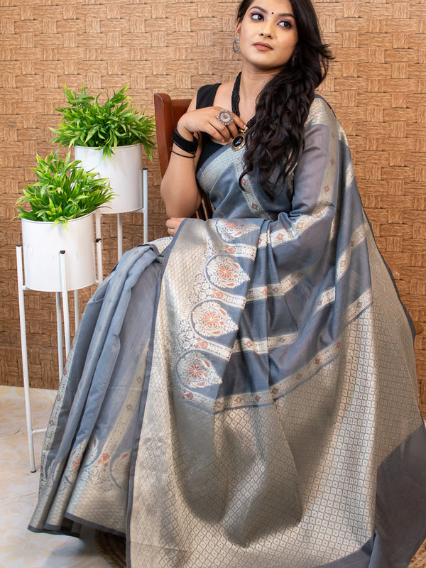 Banarasi Cotton Silk Silver Zari & Meena Paisley Weaving Saree-Grey