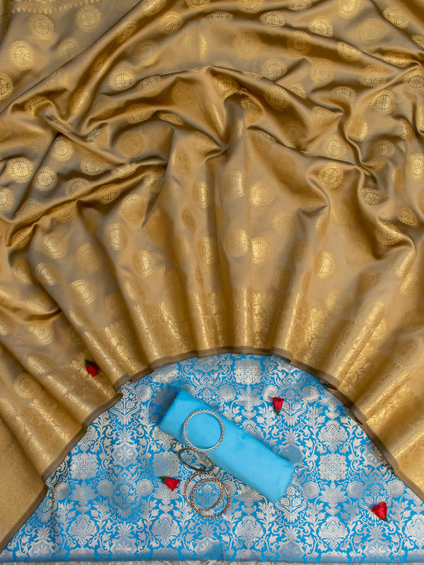 Banarasi Semi Silk Zari Weaving Salwar Kameez Material With Contrast Dupatta-Blue