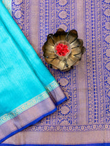 Banarasi Handwoven Pure Muga Silk Saree With Antique Resham Border-Blue