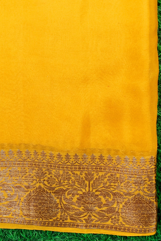 Banarasi Pure Georgette Saree With Antique Zari Buti Weaving & Contrast Border-Red & Yellow