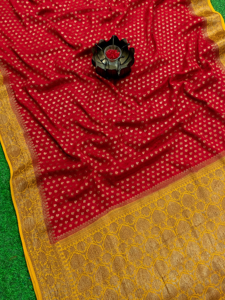 Banarasi Pure Georgette Saree With Antique Zari Buti Weaving & Contrast Border-Red & Yellow