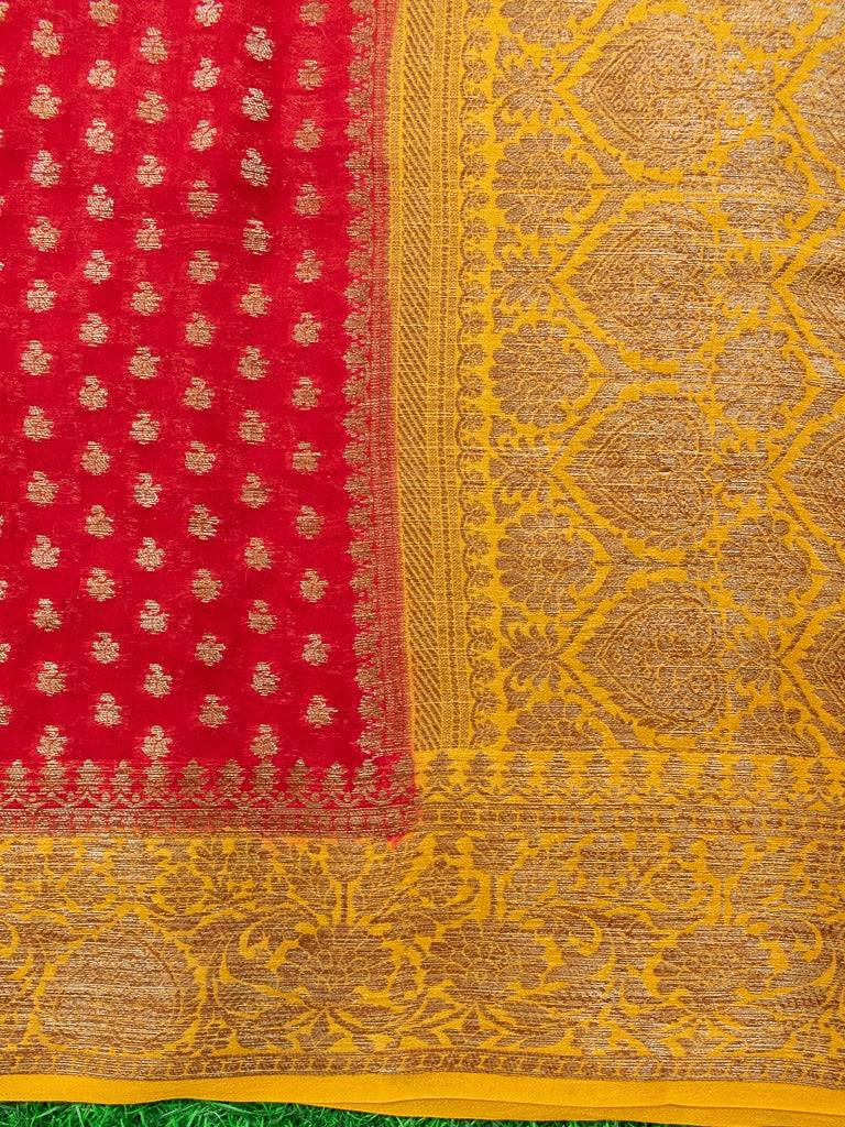 Banarasi Pure Georgette Saree With Antique Zari Buti Weaving & Contrast Border-Red & Yellow