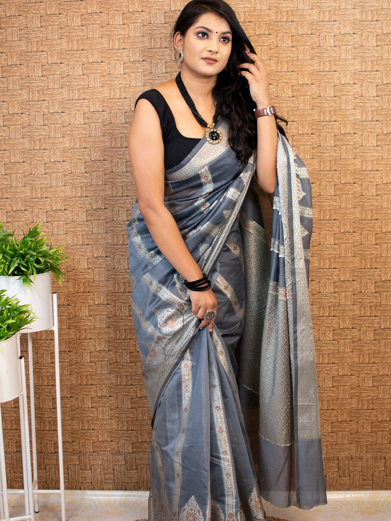 Banarasi Cotton Silk Silver Zari & Meena Paisley Weaving Saree-Grey