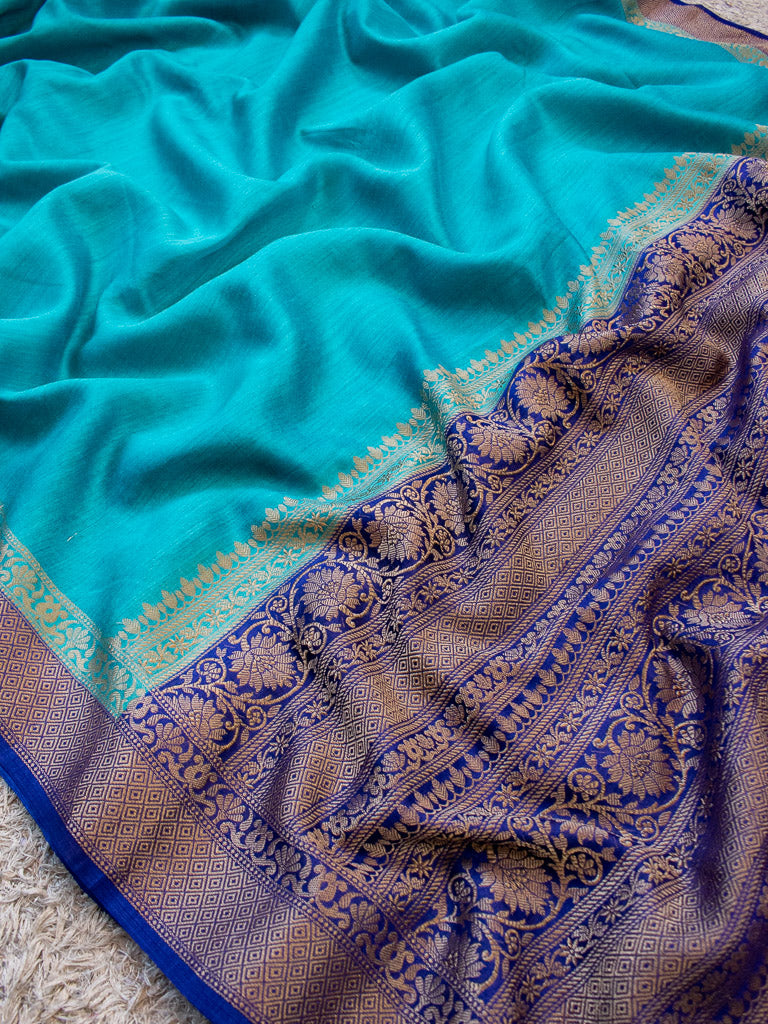 Banarasi Handwoven Pure Muga Silk Saree With Antique Resham Border-Blue