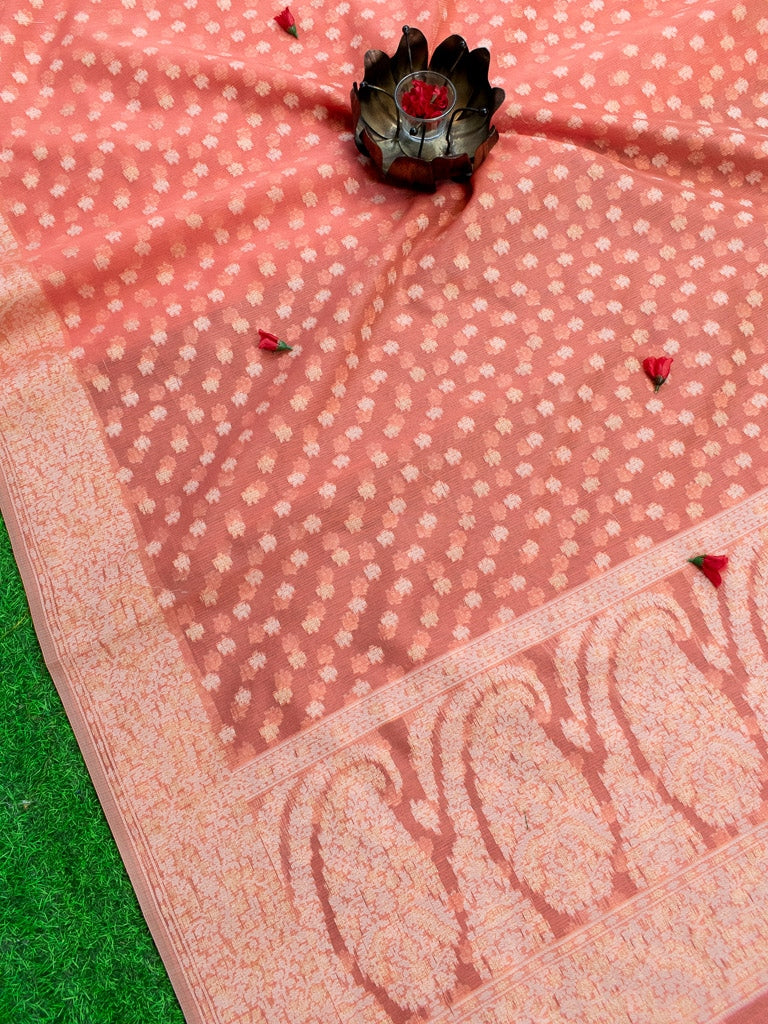 Banarasi Soft Cotton Resham Polka Dots Weaving Saree-Peach