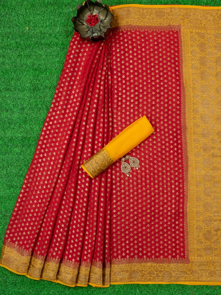 Banarasi Pure Georgette Saree With Antique Zari Buti Weaving & Contrast Border-Red & Yellow