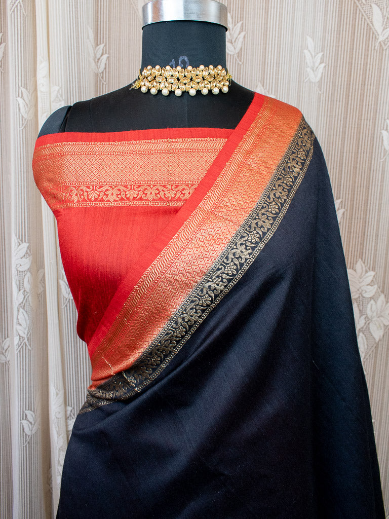 Banarasi Handwoven Pure Muga Silk Saree With Antique Resham Border-Black & Red