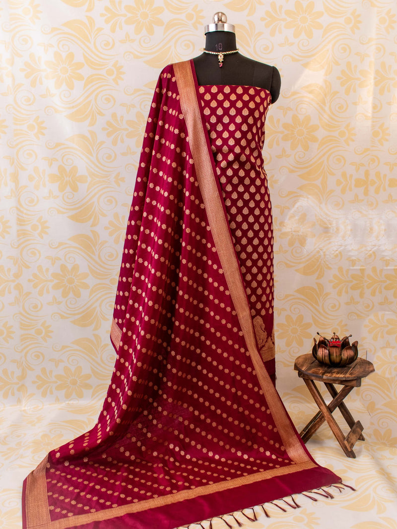 Banarasi Semi Silk Salwar Kameez Fabric With Zari Weaving-Red