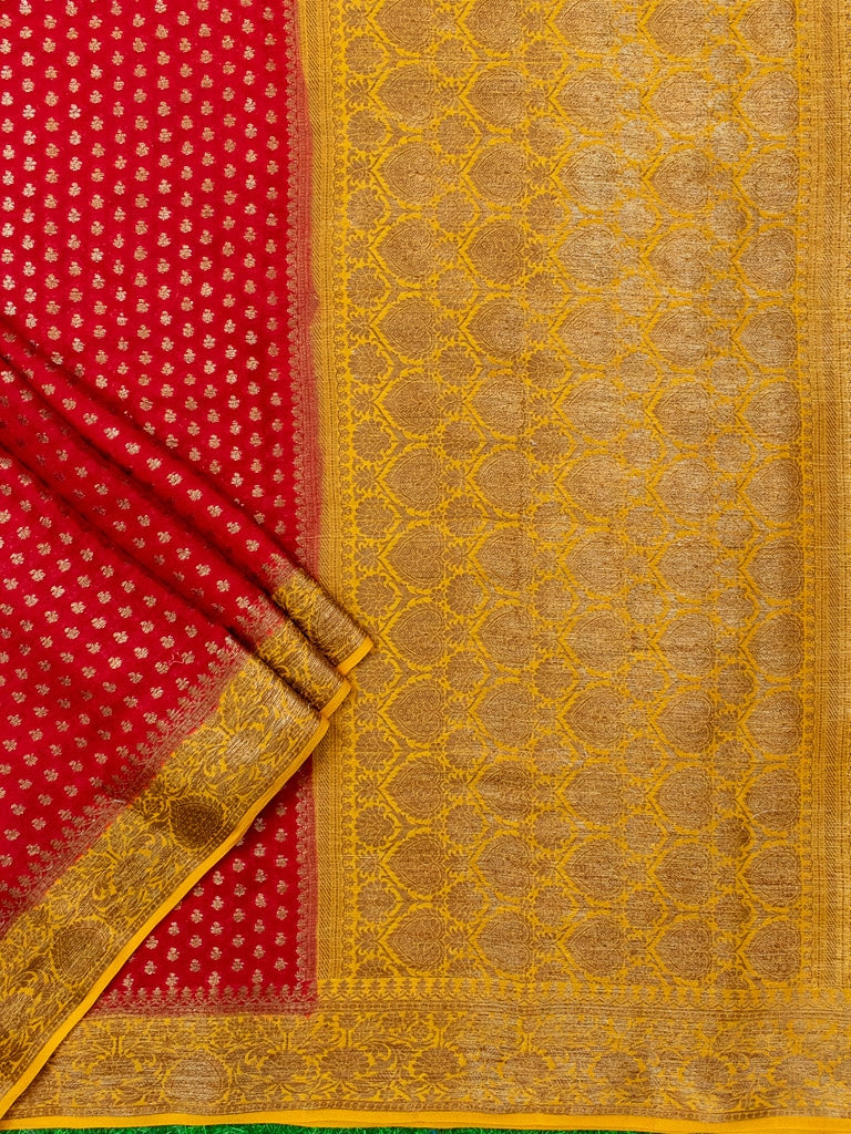 Banarasi Pure Georgette Saree With Antique Zari Buti Weaving & Contrast Border-Red & Yellow