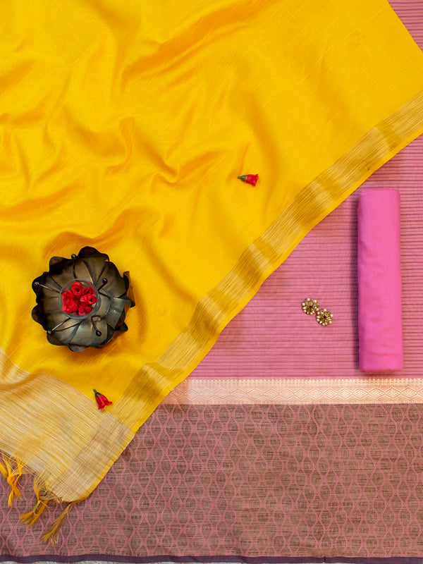 Banarasi Cotton Silk Resham Weaving Salwar Kameez Material  With Contrast Dupatta-Pink