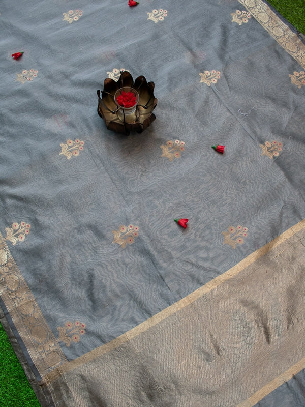 Banarasi Cotton Silk Saree With Zari & Meena Weaving Border-Grey