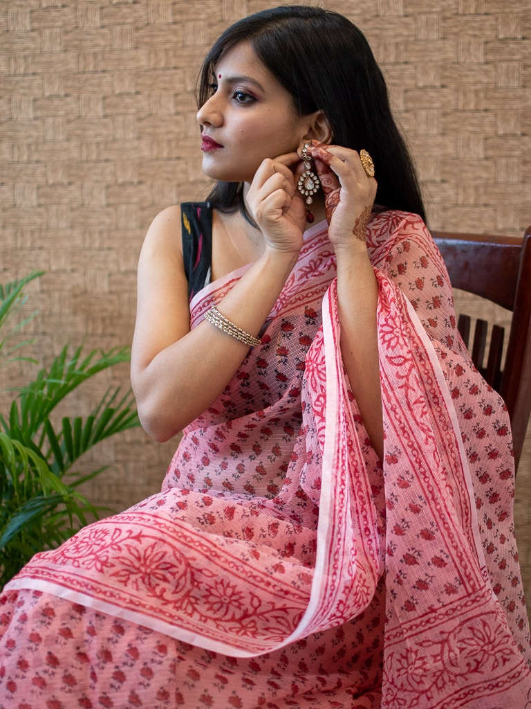 Banarasi Kota Check Block Printed Saree-Pink
