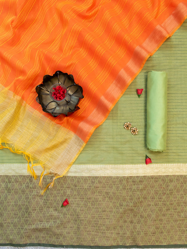 Banarasi Cotton Silk Resham Weaving Salwar Kameez Material  With Contrast Dupatta-Green