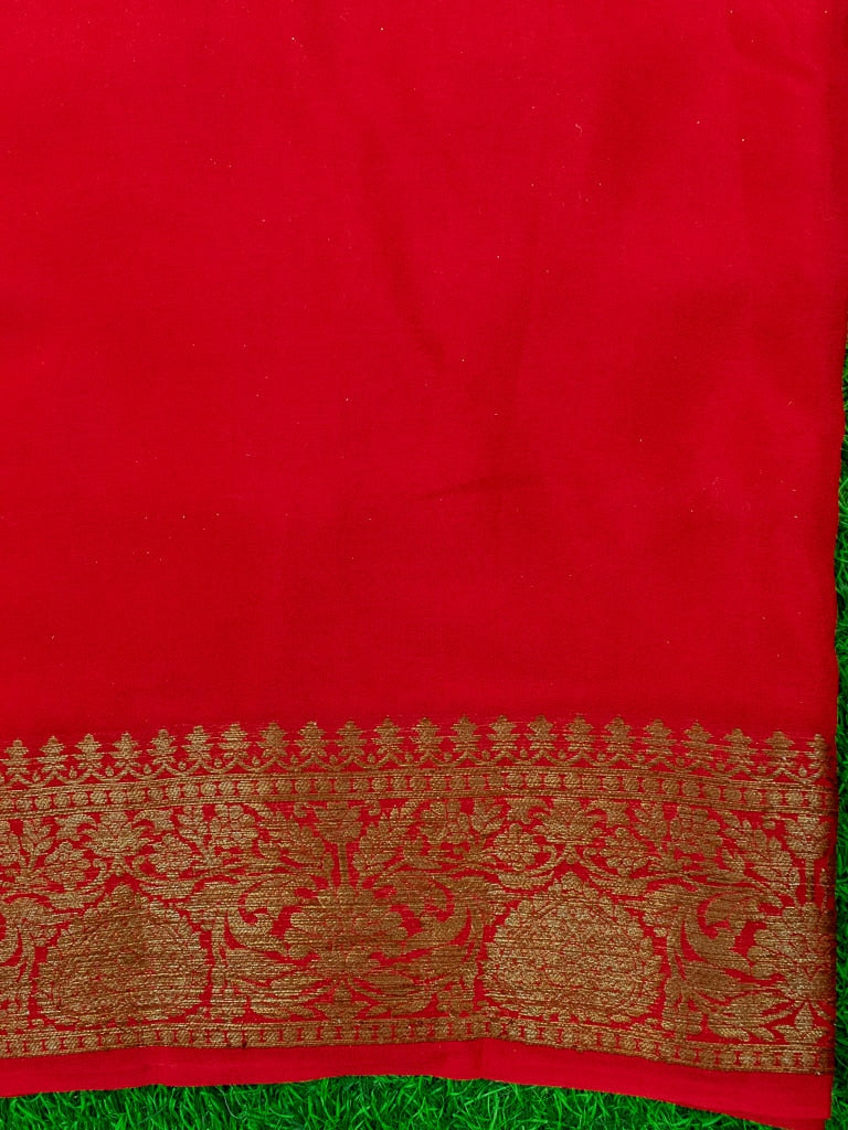 Banarasi Pure Georgette Saree With Antique Zari Buti Weaving & Contrast Border-Black & Red