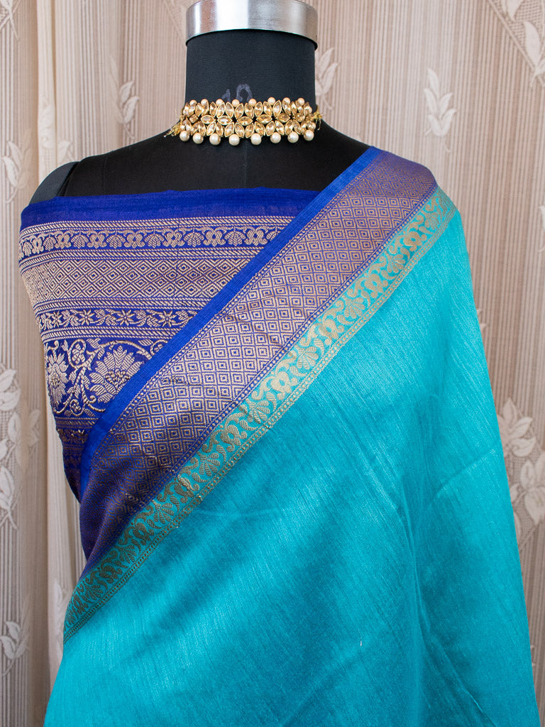 Banarasi Handwoven Pure Muga Silk Saree With Antique Resham Border-Blue