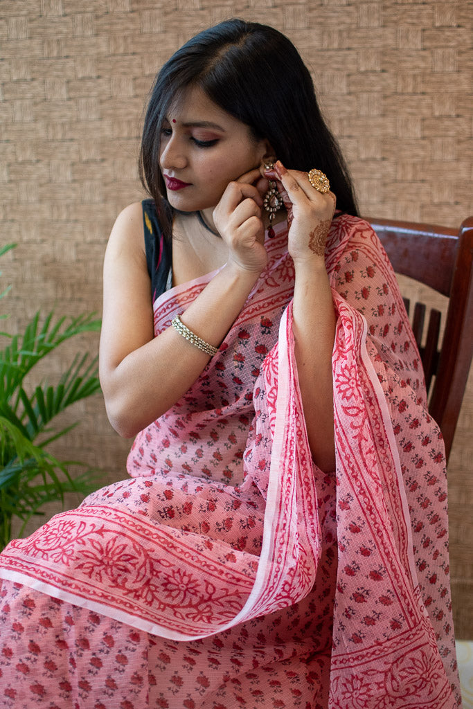Banarasi Kota Check Block Printed Saree-Pink