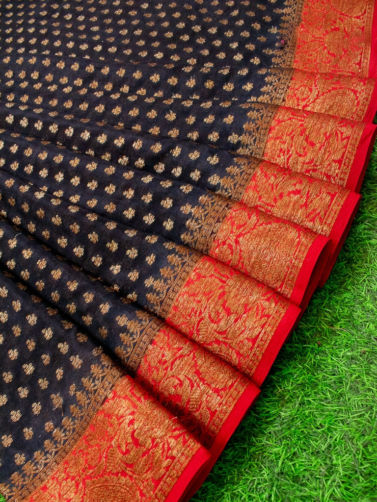 Banarasi Pure Georgette Saree With Antique Zari Buti Weaving & Contrast Border-Black & Red