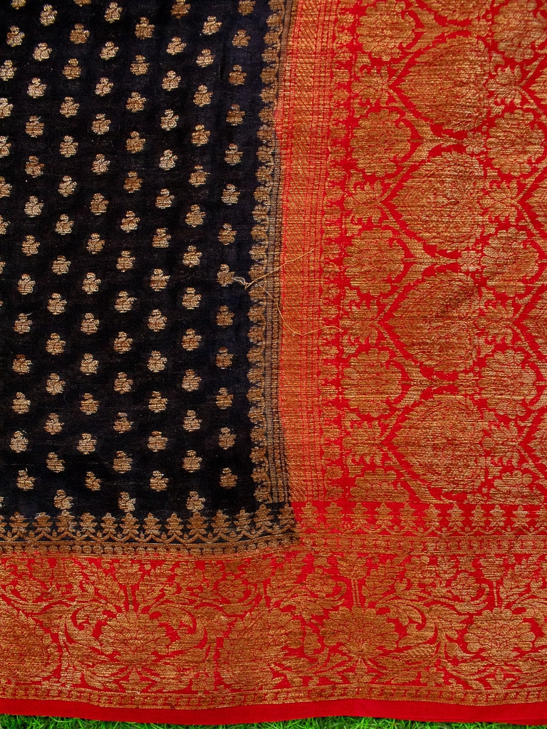 Banarasi Pure Georgette Saree With Antique Zari Buti Weaving & Contrast Border-Black & Red