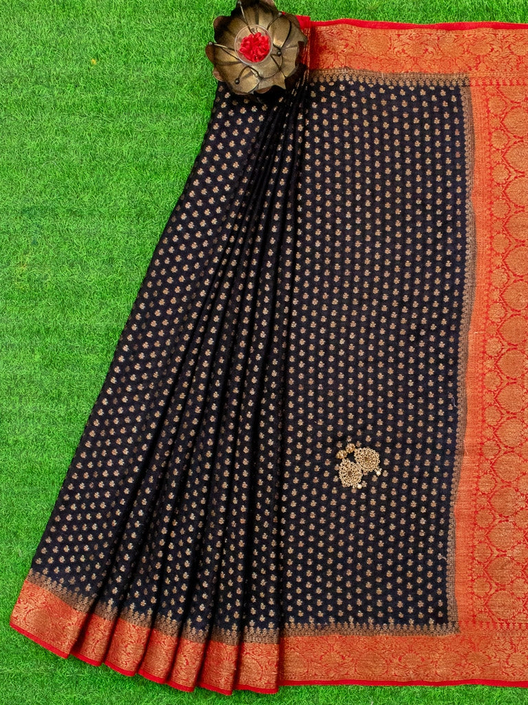 Banarasi Pure Georgette Saree With Antique Zari Buti Weaving & Contrast Border-Black & Red