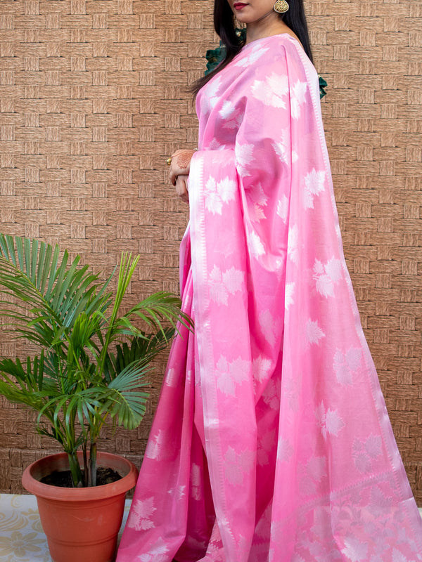 Banarasi Cotton Silk Mix Saree with Leaf Buti & Narrow Border-Pink
