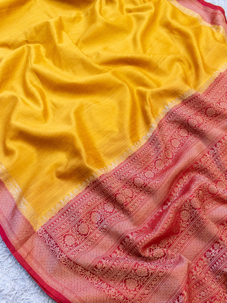 Banarasi Handwoven Pure Muga Silk Saree With Antique Resham Border-Yellow & Red